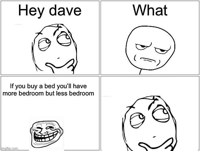 Blank Comic Panel 2x2 | Hey dave; What; If you buy a bed you’ll have more bedroom but less bedroom | image tagged in memes,blank comic panel 2x2 | made w/ Imgflip meme maker