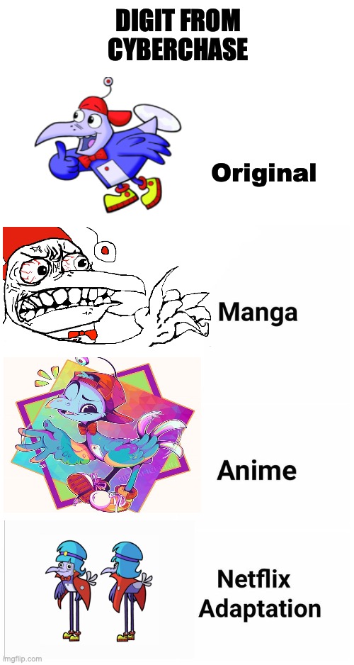 Digit from Cyberchase in many forms (including the Netflix adaptation) | DIGIT FROM CYBERCHASE; Original | image tagged in netflix adaptation,cartoon,bird,anime,manga anime netflix adaption,meme | made w/ Imgflip meme maker