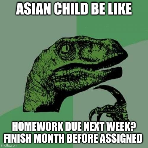 Philosoraptor Meme | ASIAN CHILD BE LIKE; HOMEWORK DUE NEXT WEEK? FINISH MONTH BEFORE ASSIGNED | image tagged in memes,philosoraptor,asian | made w/ Imgflip meme maker