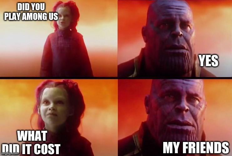 What did it cost? | DID YOU PLAY AMONG US; YES; WHAT DID IT COST; MY FRIENDS | image tagged in what did it cost | made w/ Imgflip meme maker