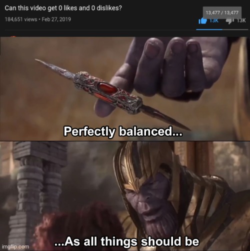 13,447 dislikes and 13,447 likes, makes up for 0 likes and disliks lol | image tagged in thanos perfectly balanced as all things should be | made w/ Imgflip meme maker