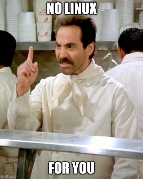 soup nazi | NO LINUX; FOR YOU | image tagged in soup nazi | made w/ Imgflip meme maker