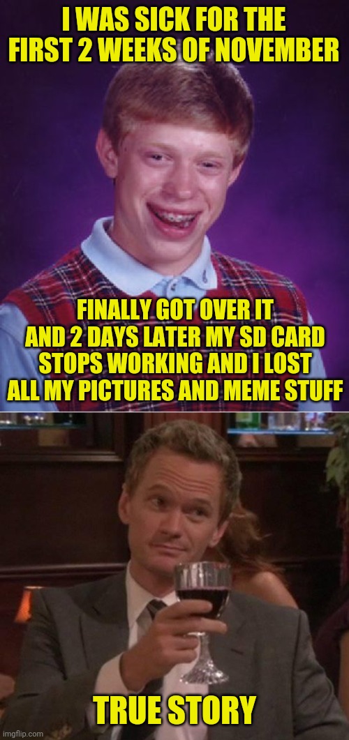 Bad luck Me | I WAS SICK FOR THE FIRST 2 WEEKS OF NOVEMBER; FINALLY GOT OVER IT AND 2 DAYS LATER MY SD CARD STOPS WORKING AND I LOST ALL MY PICTURES AND MEME STUFF; TRUE STORY | image tagged in memes,bad luck brian,true story,drstrangmeme | made w/ Imgflip meme maker