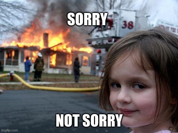 Disaster Girl Meme | SORRY; NOT SORRY | image tagged in memes,disaster girl | made w/ Imgflip meme maker