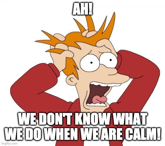 Panic | AH! WE DON'T KNOW WHAT WE DO WHEN WE ARE CALM! | image tagged in panic | made w/ Imgflip meme maker
