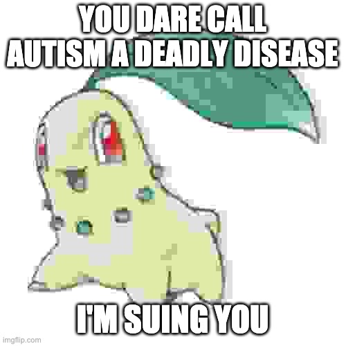 Chikorita | YOU DARE CALL AUTISM A DEADLY DISEASE I'M SUING YOU | image tagged in chikorita | made w/ Imgflip meme maker