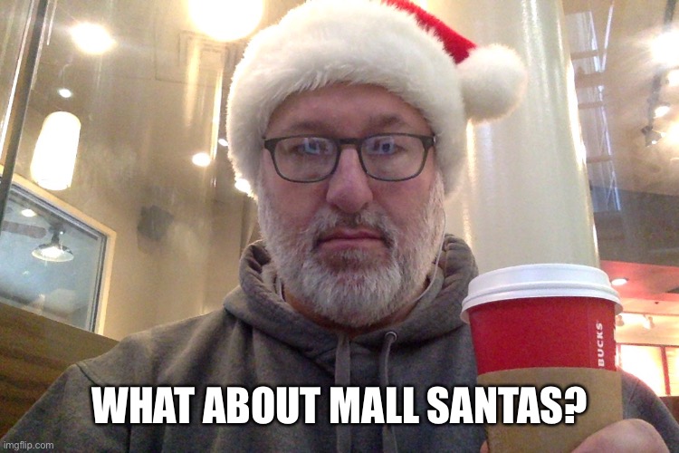 Disgruntled unemployed mall santa | WHAT ABOUT MALL SANTAS? | image tagged in disgruntled unemployed mall santa | made w/ Imgflip meme maker