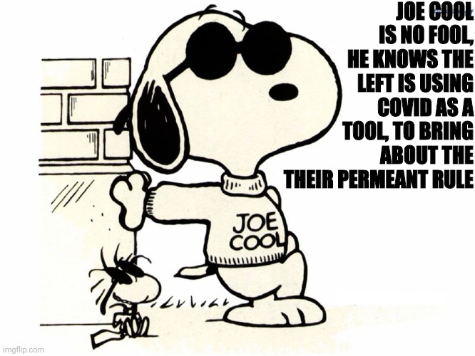 Joe Cool Knows About Covid | JOE COOL IS NO FOOL, HE KNOWS THE LEFT IS USING COVID AS A TOOL, TO BRING ABOUT THE THEIR PERMEANT RULE | image tagged in snoopy joe cool,covid-19,coronavirus,snoopy,drstrangmeme | made w/ Imgflip meme maker