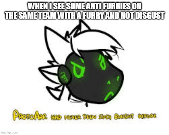 ProtoArr-has-never-seen-such-bullshit-before | WHEN I SEE SOME ANTI FURRIES ON THE SAME TEAM WITH A FURRY AND NOT DISGUST | image tagged in protoarr-has-never-seen-such-bullshit-before | made w/ Imgflip meme maker