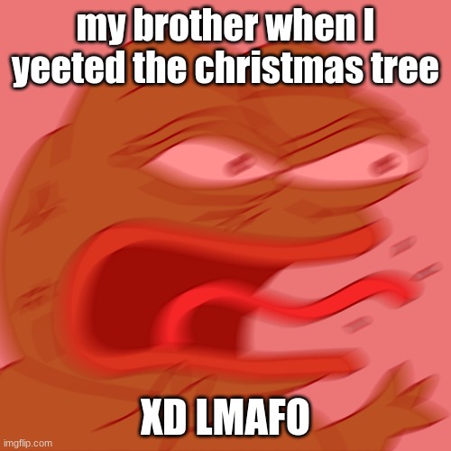 XD that was today | my brother when I yeeted the christmas tree; XD LMAFO | image tagged in rage pepe | made w/ Imgflip meme maker