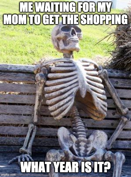Waiting Skeleton Meme | ME WAITING FOR MY MOM TO GET THE SHOPPING; WHAT YEAR IS IT? | image tagged in memes,waiting skeleton | made w/ Imgflip meme maker