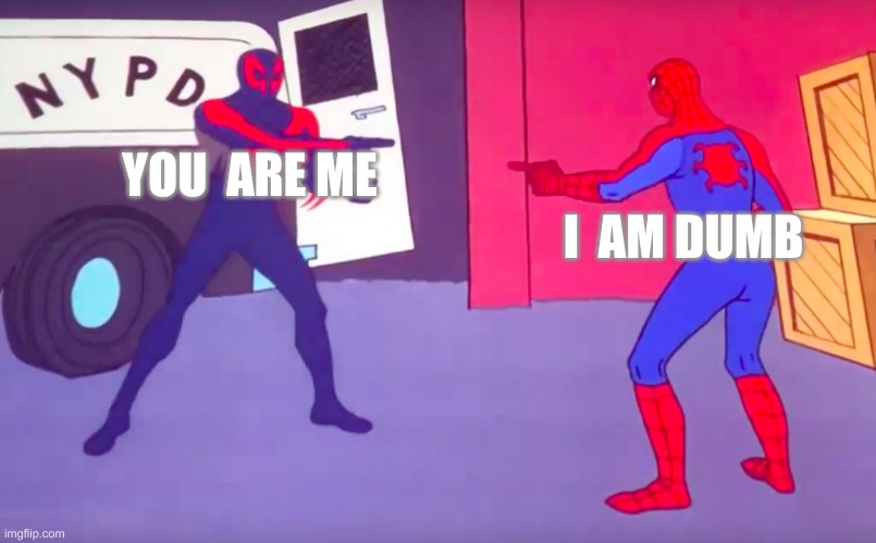 spider-man 2099 pointing at 60s spider-man | I  AM DUMB; YOU  ARE ME | image tagged in spider-man 2099 pointing at 60s spider-man | made w/ Imgflip meme maker