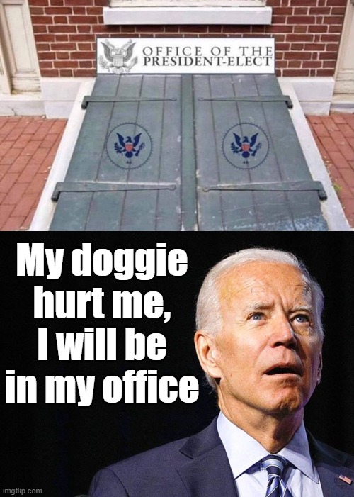 Office of the president elect or like we like to say, Joe's basement. | My doggie hurt me, I will be in my office | image tagged in joe biden confused,political meme | made w/ Imgflip meme maker