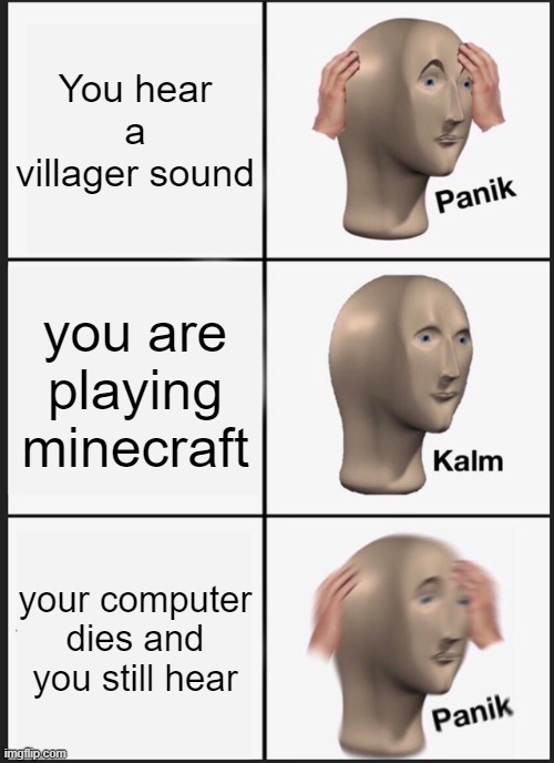 That one villager... | You hear a villager sound; you are playing minecraft; your computer dies and you still hear | image tagged in memes,panik kalm panik | made w/ Imgflip meme maker