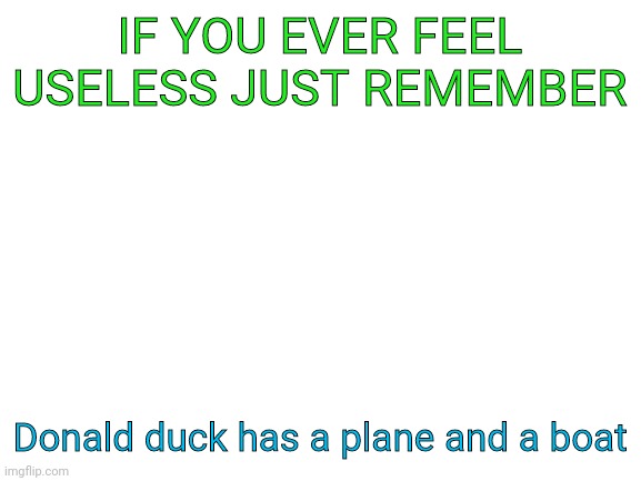 I don't want people to sue me for making memes out of their images. | IF YOU EVER FEEL USELESS JUST REMEMBER; Donald duck has a plane and a boat | image tagged in blank white template | made w/ Imgflip meme maker