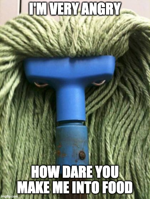 Angry Mop | I'M VERY ANGRY HOW DARE YOU MAKE ME INTO FOOD | image tagged in angry mop | made w/ Imgflip meme maker