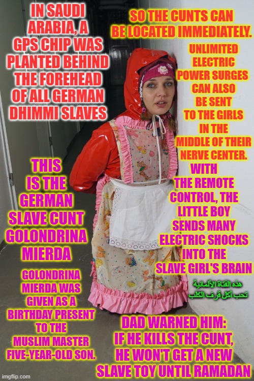 Hassans rubberwhore Golondrinamierda | SO THE CUNTS CAN BE LOCATED IMMEDIATELY. IN SAUDI ARABIA, A GPS CHIP WAS PLANTED BEHIND THE FOREHEAD OF ALL GERMAN DHIMMI SLAVES; UNLIMITED ELECTRIC POWER SURGES 
CAN ALSO BE SENT TO THE GIRLS IN THE MIDDLE OF THEIR NERVE CENTER. THIS IS THE GERMAN SLAVE CUNT GOLONDRINA MIERDA; WITH THE REMOTE CONTROL, THE LITTLE BOY SENDS MANY ELECTRIC SHOCKS INTO THE SLAVE GIRL'S BRAIN; GOLONDRINA MIERDA WAS GIVEN AS A BIRTHDAY PRESENT TO THE MUSLIM MASTER FIVE-YEAR-OLD SON. هذه الفتاة الألمانية تحب أكل قرف الكلب; DAD WARNED HIM: IF HE KILLS THE CUNT, HE WON'T GET A NEW SLAVE TOY UNTIL RAMADAN | image tagged in hassans rubberwhore golondrinamierda | made w/ Imgflip meme maker