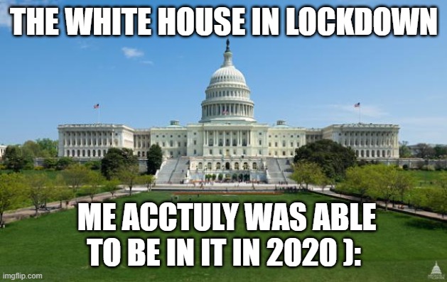 dbag government | THE WHITE HOUSE IN LOCKDOWN; ME ACCTULY WAS ABLE TO BE IN IT IN 2020 ): | image tagged in dbag government | made w/ Imgflip meme maker