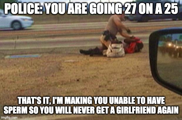 CHP officer beats greatgrandmother | POLICE: YOU ARE GOING 27 ON A 25 THAT'S IT, I'M MAKING YOU UNABLE TO HAVE SPERM SO YOU WILL NEVER GET A GIRLFRIEND AGAIN | image tagged in chp officer beats greatgrandmother | made w/ Imgflip meme maker