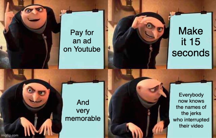 Gru's Plan | Pay for an ad on Youtube; Make it 15 seconds; And very memorable; Everybody now knows the names of the jerks who interrupted their video | image tagged in memes,gru's plan,youtube | made w/ Imgflip meme maker