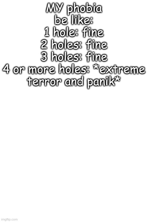 TRYPOPHOBIA | MY phobia be like:
1 hole: fine
2 holes: fine
3 holes: fine
4 or more holes: *extreme terror and panik* | image tagged in blank white template | made w/ Imgflip meme maker