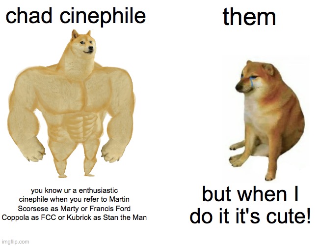 Buff Doge vs. Cheems | chad cinephile; them; you know ur a enthusiastic cinephile when you refer to Martin Scorsese as Marty or Francis Ford Coppola as FCC or Kubrick as Stan the Man; but when I do it it's cute! | image tagged in memes,buff doge vs cheems,films | made w/ Imgflip meme maker