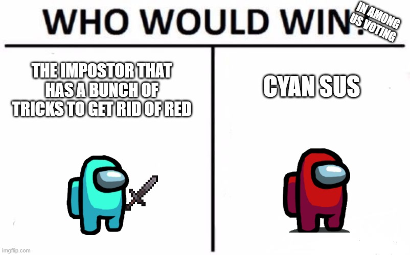 cyan sus | IN AMONG US VOTING; THE IMPOSTOR THAT HAS A BUNCH OF TRICKS TO GET RID OF RED; CYAN SUS | image tagged in memes,who would win | made w/ Imgflip meme maker