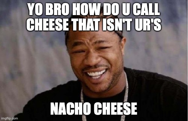 u know it | YO BRO HOW DO U CALL CHEESE THAT ISN'T UR'S; NACHO CHEESE | image tagged in memes,yo dawg heard you | made w/ Imgflip meme maker