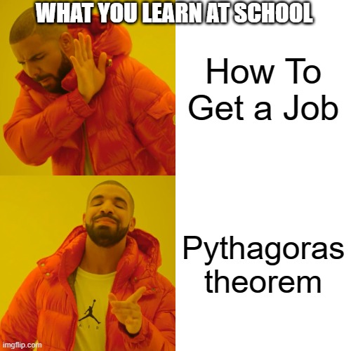 Drake Hotline Bling Meme | WHAT YOU LEARN AT SCHOOL; How To Get a Job; Pythagoras theorem | image tagged in memes,drake hotline bling | made w/ Imgflip meme maker