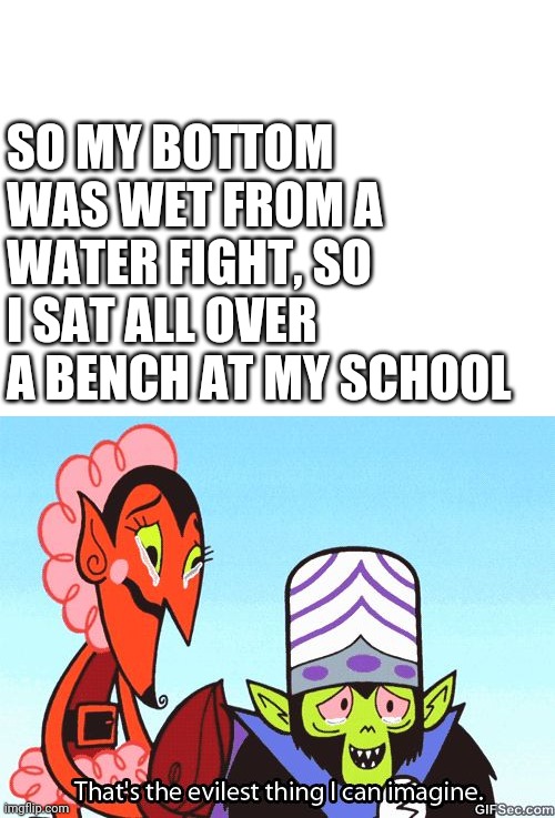 SO MY BOTTOM WAS WET FROM A WATER FIGHT, SO I SAT ALL OVER A BENCH AT MY SCHOOL | image tagged in blank white template,that's the evilest thing i can imagine | made w/ Imgflip meme maker