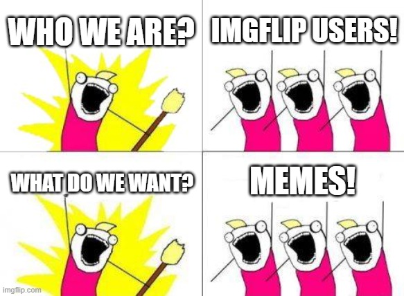 MEMES | WHO WE ARE? IMGFLIP USERS! MEMES! WHAT DO WE WANT? | image tagged in memes,what do we want | made w/ Imgflip meme maker