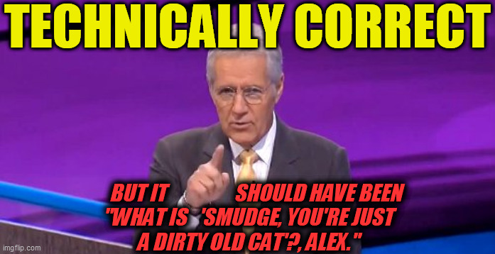 alex trebeck correct | TECHNICALLY CORRECT BUT IT                 SHOULD HAVE BEEN
"WHAT IS   'SMUDGE, YOU'RE JUST
A DIRTY OLD CAT'?, ALEX." | image tagged in alex trebeck correct | made w/ Imgflip meme maker