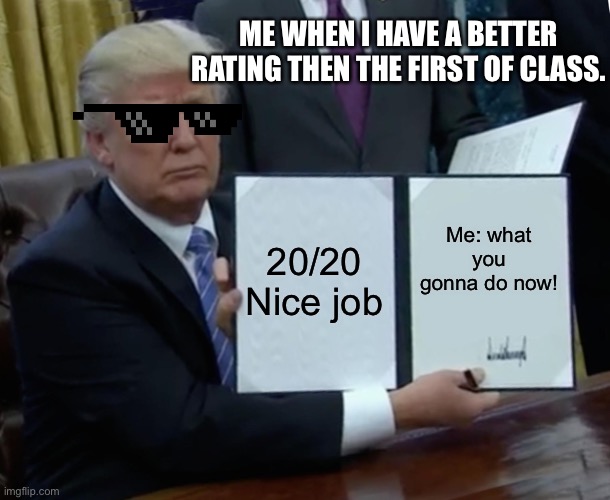 Trump Bill Signing Meme | ME WHEN I HAVE A BETTER RATING THEN THE FIRST OF CLASS. 20/20 Nice job; Me: what you gonna do now! | image tagged in memes,trump bill signing | made w/ Imgflip meme maker