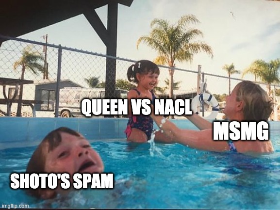 At least wars are more tolerable than spam | QUEEN VS NACL; MSMG; SHOTO'S SPAM | image tagged in drowning kid in the pool | made w/ Imgflip meme maker