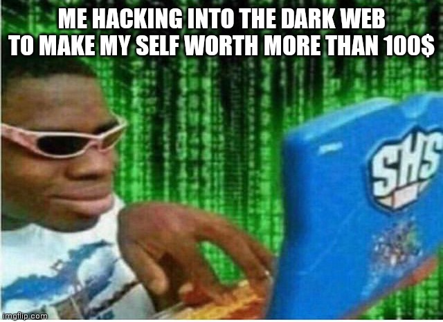 Hacker man | ME HACKING INTO THE DARK WEB TO MAKE MY SELF WORTH MORE THAN 100$ | image tagged in hacker man | made w/ Imgflip meme maker