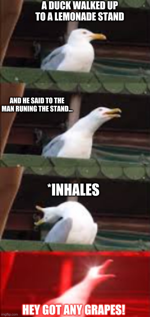 a duck walked up to a lemonade stand | A DUCK WALKED UP TO A LEMONADE STAND; AND HE SAID TO THE MAN RUNING THE STAND... *INHALES; HEY GOT ANY GRAPES! | image tagged in funny | made w/ Imgflip meme maker