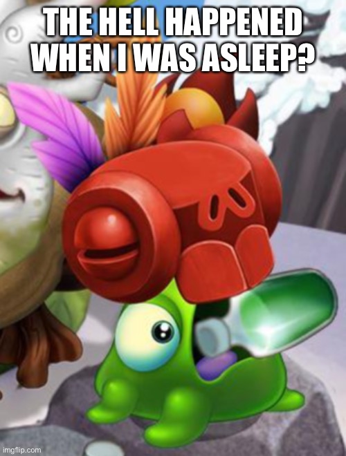 Baby Yelmut voring a bottle of cough syrup | THE HELL HAPPENED WHEN I WAS ASLEEP? | image tagged in baby yelmut voring a bottle of cough syrup | made w/ Imgflip meme maker