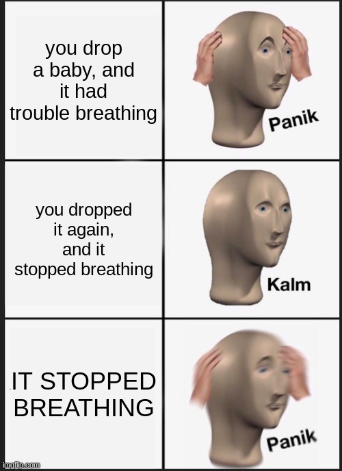 Panik Kalm Panik | you drop a baby, and it had trouble breathing; you dropped it again, and it stopped breathing; IT STOPPED BREATHING | image tagged in memes,panik kalm panik | made w/ Imgflip meme maker