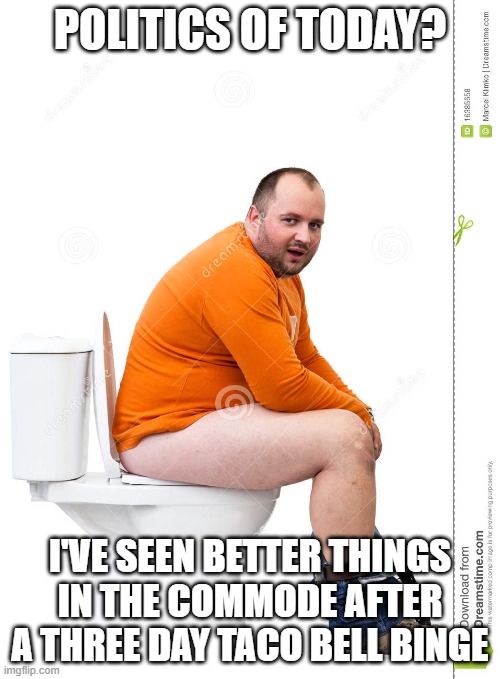 Man on toilet | POLITICS OF TODAY? I'VE SEEN BETTER THINGS IN THE COMMODE AFTER A THREE DAY TACO BELL BINGE | image tagged in man on toilet | made w/ Imgflip meme maker