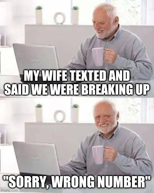 "Sorry, wrong number" | MY WIFE TEXTED AND SAID WE WERE BREAKING UP; "SORRY, WRONG NUMBER" | image tagged in memes,hide the pain harold | made w/ Imgflip meme maker