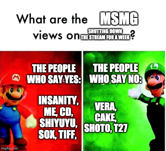 Ya'll are outnumbered, if you're worried that you might lose your home head on to the link in the comments | MSMG; SHUTTING DOWN THE STREAM FOR A WEEK; THE PEOPLE WHO SAY NO:; THE PEOPLE WHO SAY YES:; INSANITY, ME, CD, SHIYUYU, SOX, TIFF, VERA, CAKE, SHOTO, T27 | image tagged in mario luigi | made w/ Imgflip meme maker