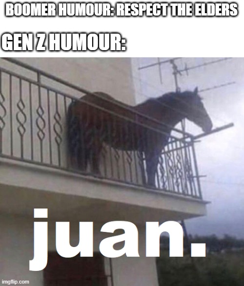 BOOMER HUMOUR: RESPECT THE ELDERS; GEN Z HUMOUR: | image tagged in juan,horse | made w/ Imgflip meme maker