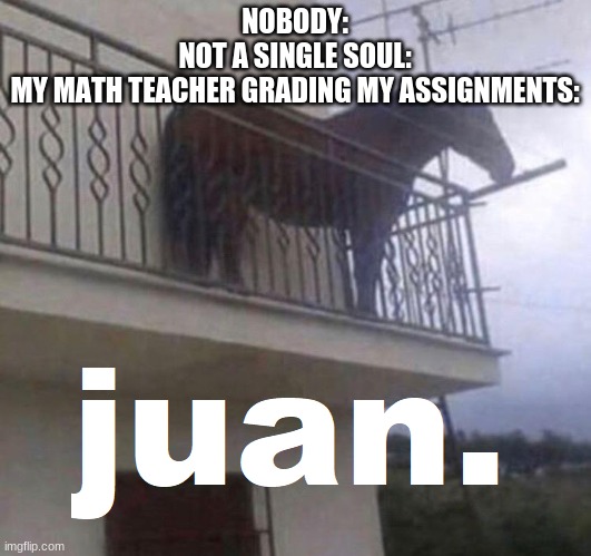 i deserve at least 2 dumb b- | NOBODY:
NOT A SINGLE SOUL:
MY MATH TEACHER GRADING MY ASSIGNMENTS: | image tagged in juan the horse | made w/ Imgflip meme maker