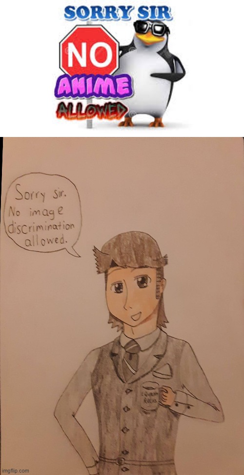 Mike Dixon Will Not Tolerate Any Image Discrimination | image tagged in no anime allowed,no image discrimination allowed,anime,memes,drawings,original character | made w/ Imgflip meme maker