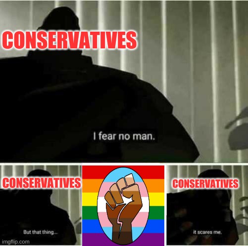 It's funny because it's true. | CONSERVATIVES; CONSERVATIVES; CONSERVATIVES | image tagged in i fear no man | made w/ Imgflip meme maker