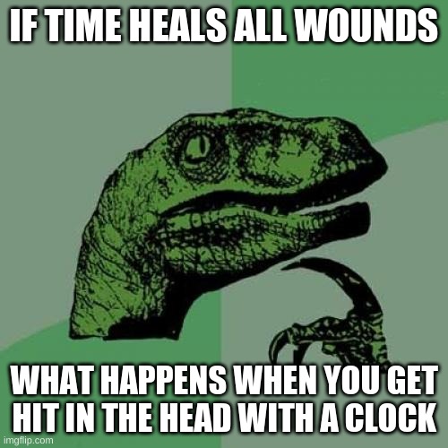Philosoraptor | IF TIME HEALS ALL WOUNDS; WHAT HAPPENS WHEN YOU GET HIT IN THE HEAD WITH A CLOCK | image tagged in memes,philosoraptor | made w/ Imgflip meme maker