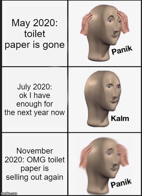my wife still buys some at the store and we have so much!!! | May 2020: toilet paper is gone; July 2020: ok I have enough for the next year now; November 2020: OMG toilet paper is selling out again | image tagged in memes,panik kalm panik,toilet paper,no more toilet paper | made w/ Imgflip meme maker