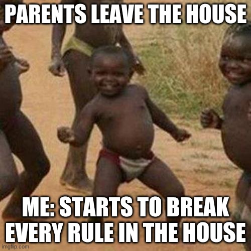 Third World Success Kid | PARENTS LEAVE THE HOUSE; ME: STARTS TO BREAK EVERY RULE IN THE HOUSE | image tagged in memes,third world success kid | made w/ Imgflip meme maker