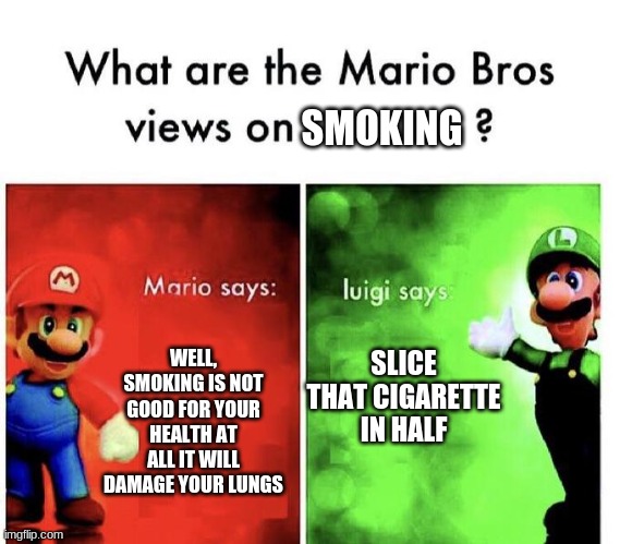 No smoking | SMOKING; SLICE THAT CIGARETTE IN HALF; WELL, SMOKING IS NOT GOOD FOR YOUR HEALTH AT ALL IT WILL DAMAGE YOUR LUNGS | image tagged in mario bros views | made w/ Imgflip meme maker