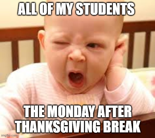 sleepy | ALL OF MY STUDENTS; THE MONDAY AFTER THANKSGIVING BREAK | image tagged in sleepy | made w/ Imgflip meme maker